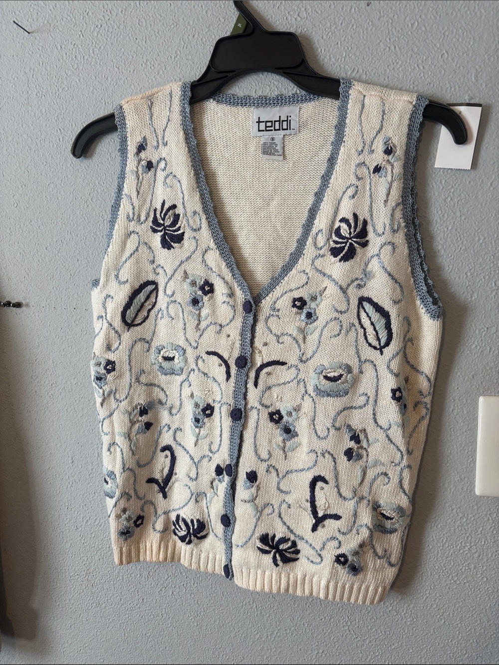 Teddi Cream Knit Embroidered Button Front Vest with Blue Accents